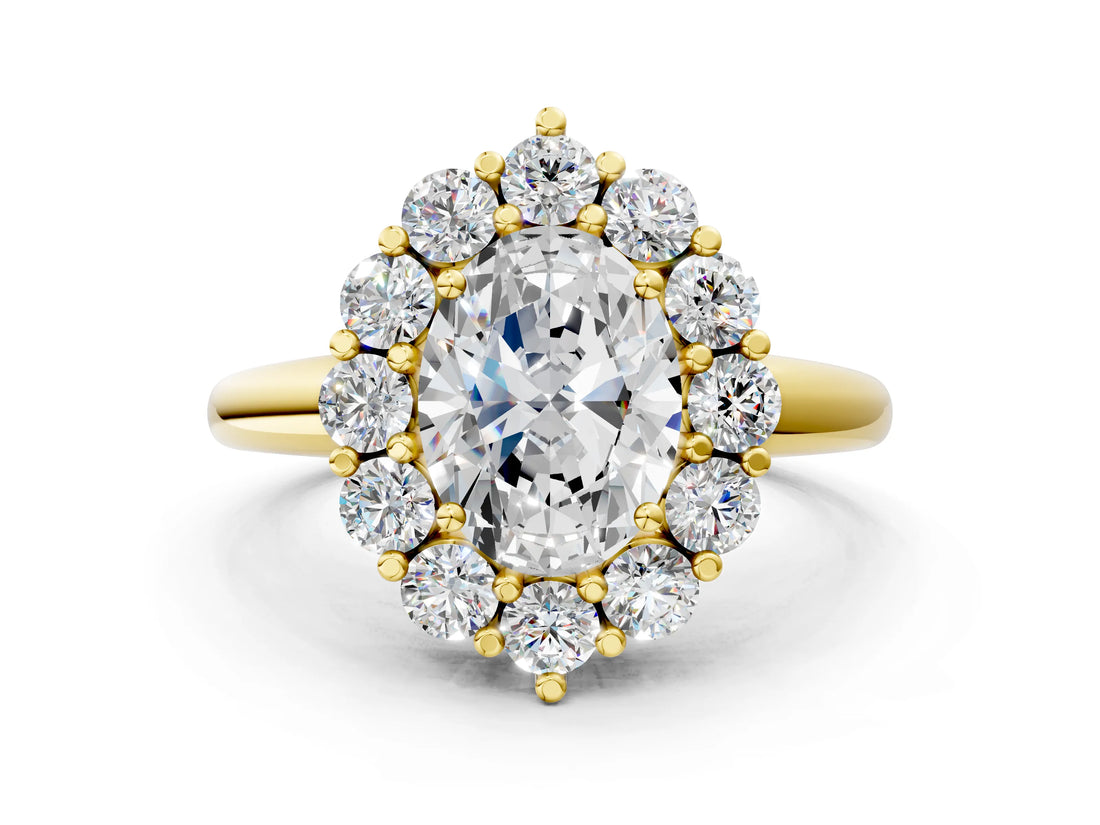 Yellow gold Oval Halo Cluster Diamond Engagement Ring with Prong Setting and Polished Band_63