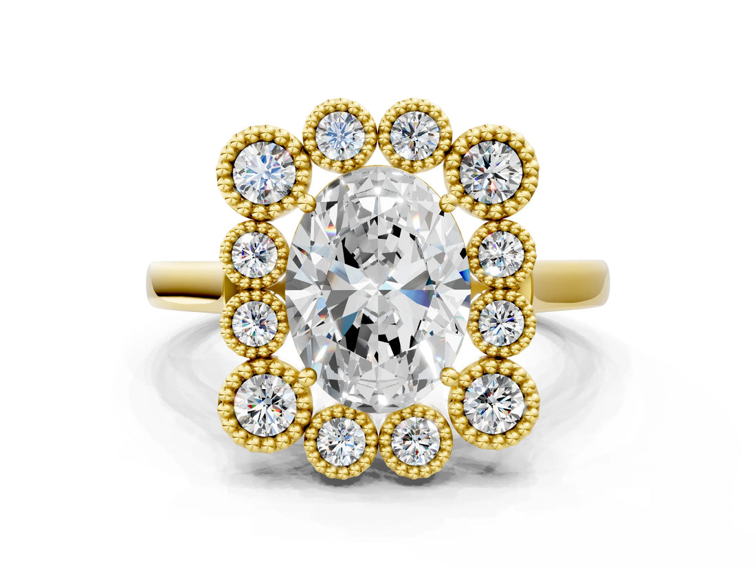 Yellow gold Oval Halo Diamond Cluster Engagement Ring with Milgrain Bezel Setting and Solitaire Band_27