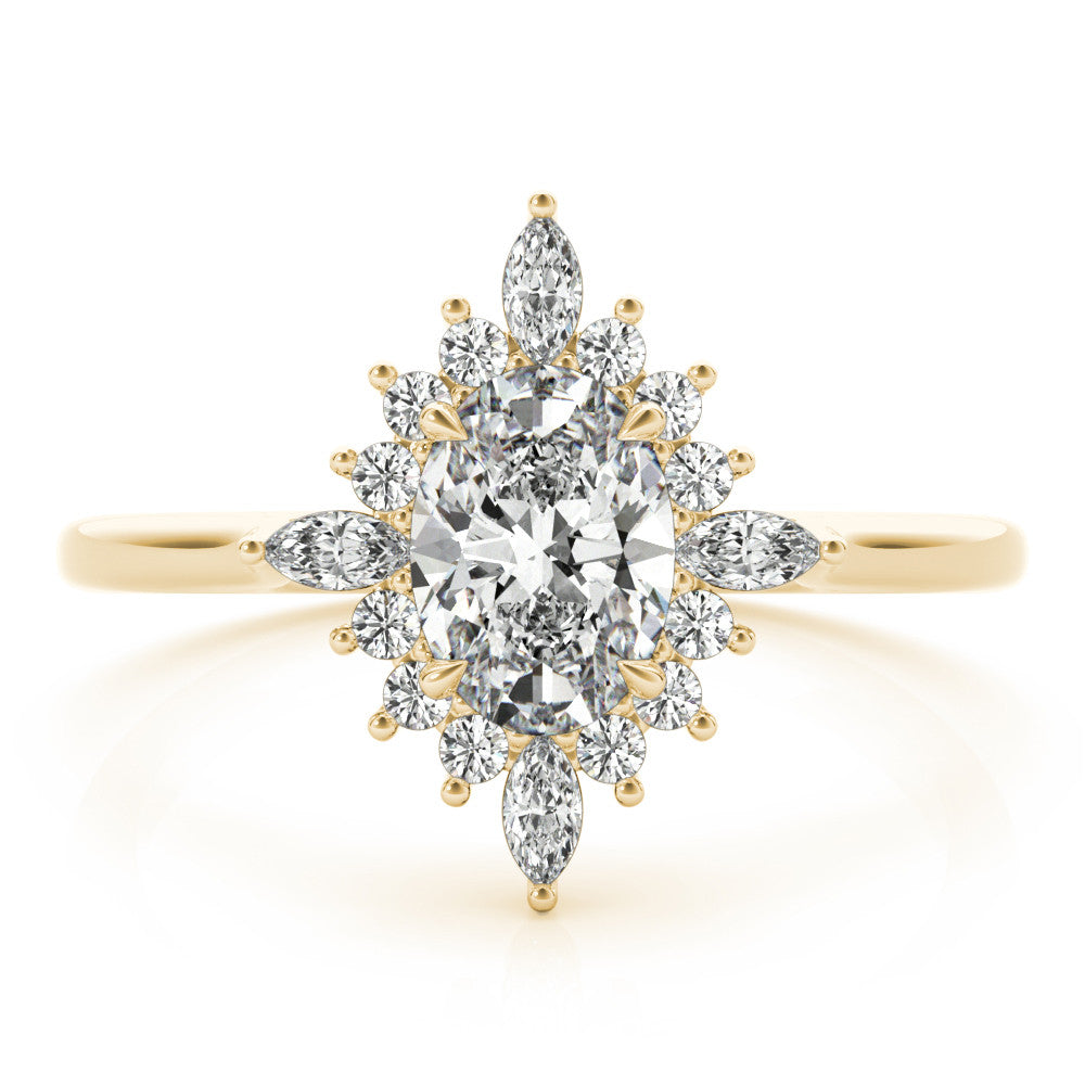 Yellow gold Oval Halo Diamond Cluster Ring with Marquise and Round Stones on a White Gold Band with Prong Setting 1