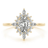 Yellow gold Oval Halo Diamond Cluster Ring with Marquise and Round Stones on a White Gold Band with Prong Setting 1