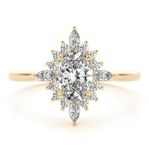 Yellow gold Oval Halo Diamond Cluster Ring with Marquise and Round Stones on a White Gold Band with Prong Setting 1