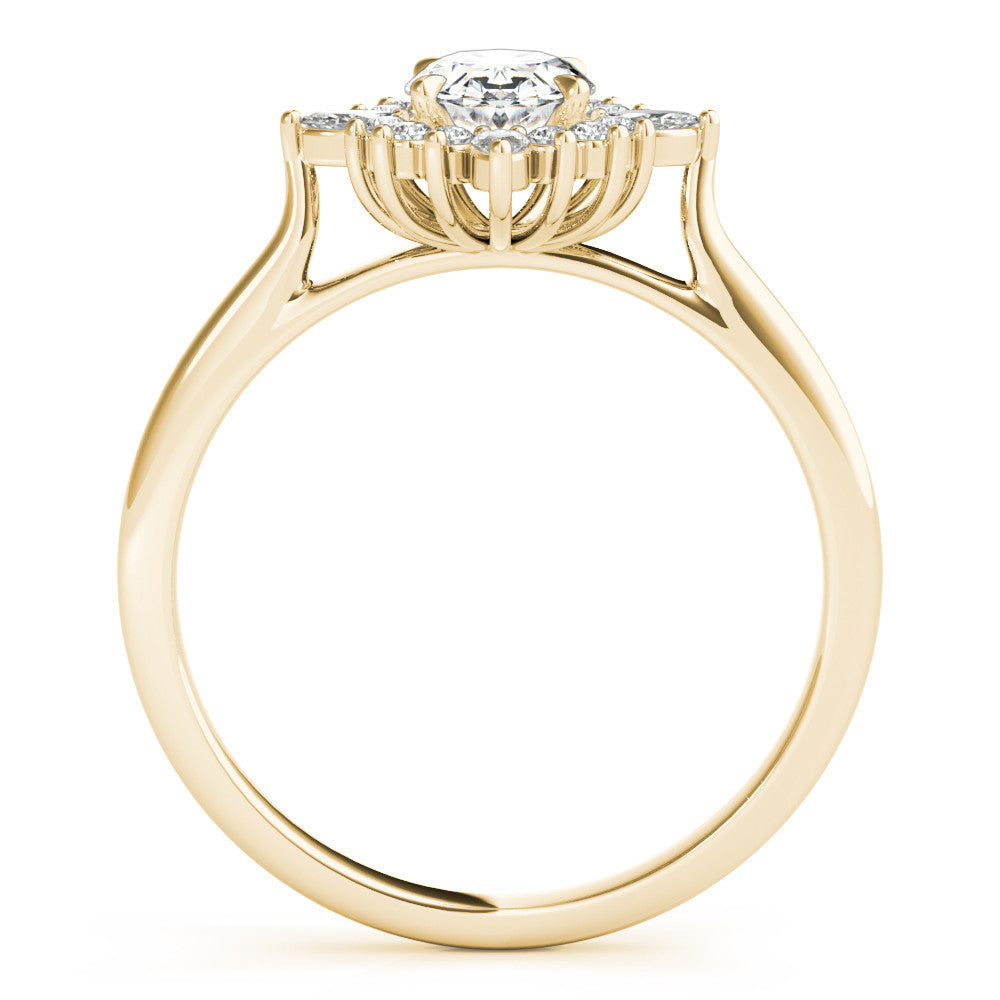 Yellow gold Oval Halo Diamond Cluster Ring with Marquise and Round Stones on a White Gold Band with Prong Setting 2