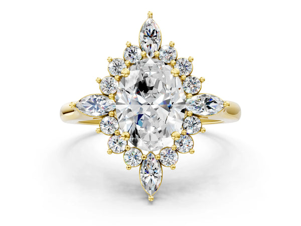 Yellow gold Oval Cut Starburst Halo Engagement Ring Setting with Marquise and Round Accents
