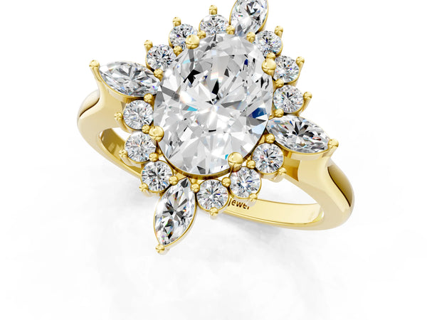 Yellow gold Oval Cut Starburst Halo Engagement Ring Setting with Marquise and Round Accents
