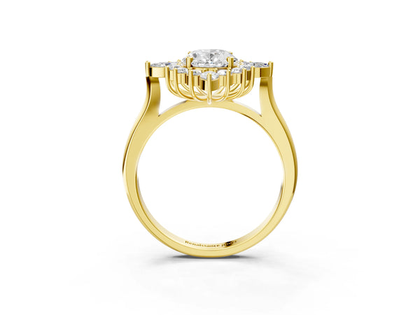 Yellow gold Oval Cut Starburst Halo Engagement Ring Setting with Marquise and Round Accents