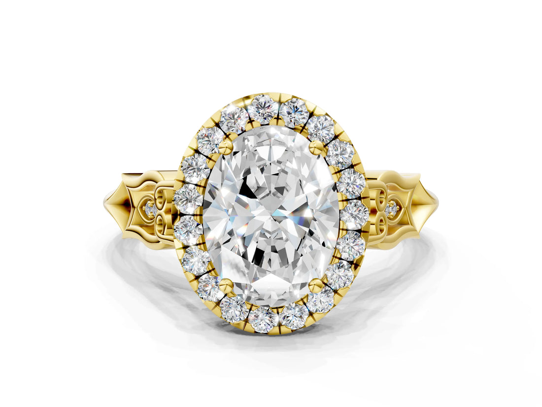 Yellow gold Oval Halo Diamond Engagement Ring with Filigree Band and Four-Prong Setting_81