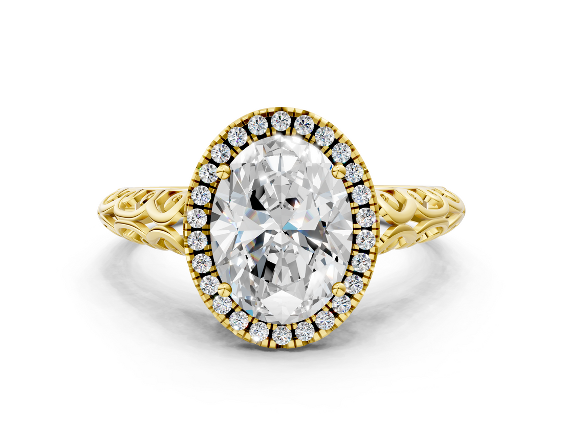 Yellow gold Oval Halo Diamond Engagement Ring with Intricate Filigree Band and Four-Prong Setting_37