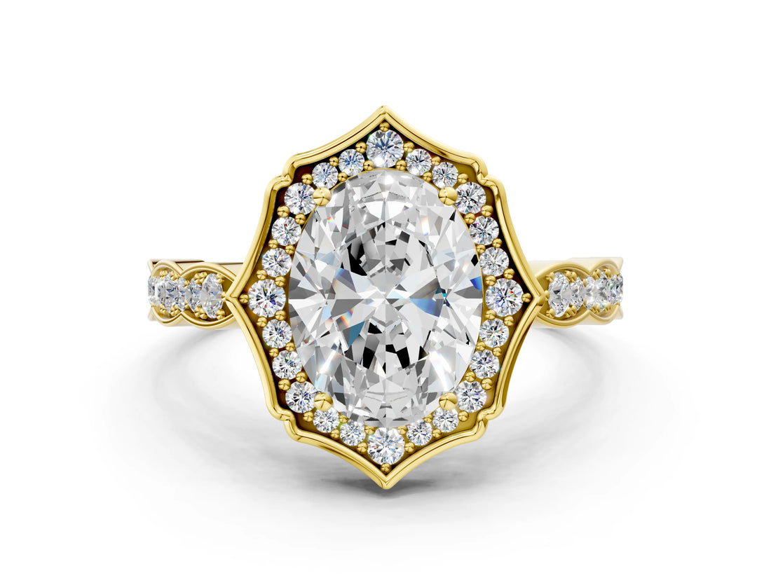 Yellow gold Oval Halo Diamond Engagement Ring with Milgrain Band and Four-Prong Setting_54