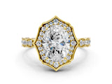 Yellow gold Oval Halo Diamond Engagement Ring with Milgrain Band and Four-Prong Setting_54