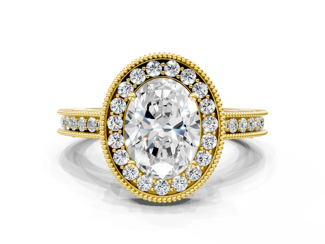 Yellow gold Oval Halo Diamond Engagement Ring with Milgrain Pave Band and Four-Prong Setting_105