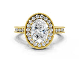 Yellow gold Oval Halo Diamond Engagement Ring with Milgrain Pave Band and Four-Prong Setting_105