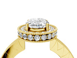 Yellow gold Oval Halo Diamond Engagement Ring with Milgrain Pave Band and Four-Prong Setting_109