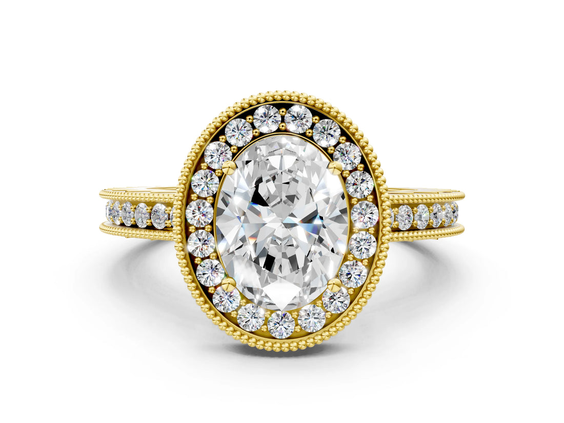 Yellow gold Oval Halo Diamond Engagement Ring with Milgrain Pave Band and Four-Prong Setting_12