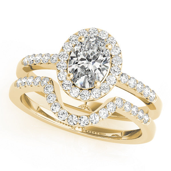 Yellow gold Oval Halo Diamond Engagement Ring with Pavé Band and Four-Prong Setting 1