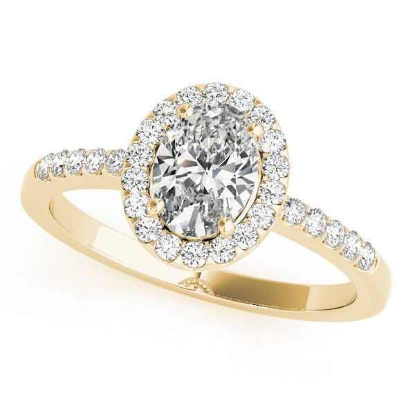 Yellow gold Oval Halo Diamond Engagement Ring with Pavé Band and Four-Prong Setting