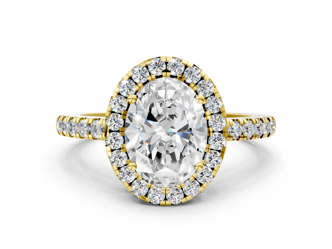 Yellow gold Oval Halo Diamond Engagement Ring with Pavé Band and Four-Prong Setting_72