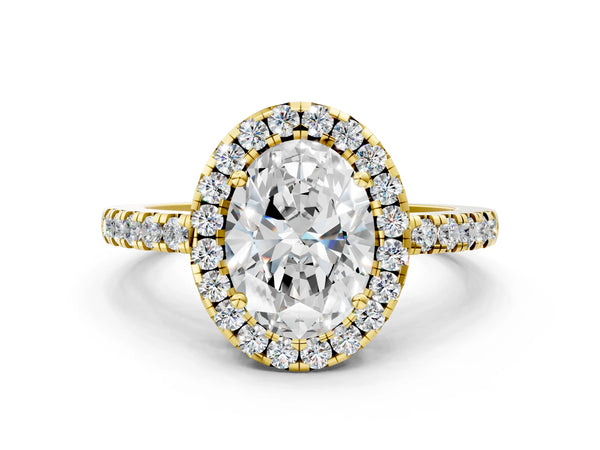 Yellow Gold Oval Halo Engagement Ring Setting with Shared Prong Pave Band