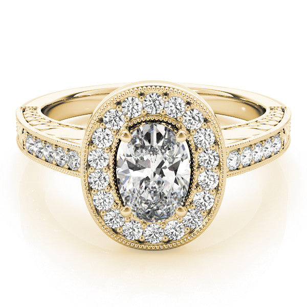 Yellow gold Oval Halo Diamond Engagement Ring with Pave Band and Four-Prong Setting 1