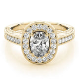 Yellow gold Oval Halo Diamond Engagement Ring with Pave Band and Four-Prong Setting 1