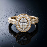 Yellow gold Oval Halo Diamond Engagement Ring with Pave Band and Four-Prong Setting_9
