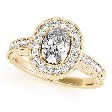 Yellow gold Oval Halo Diamond Engagement Ring with Pave Band and Four-Prong Setting