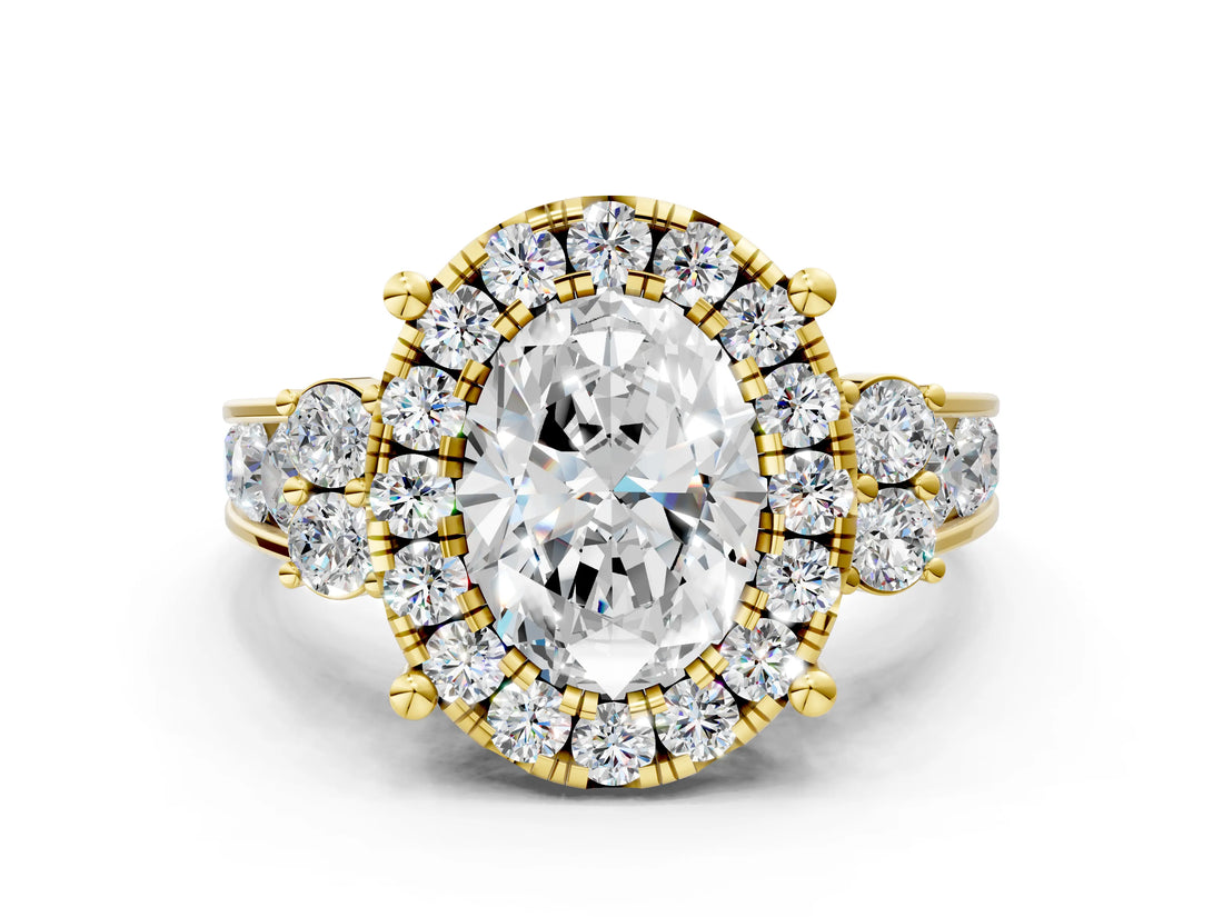 Yellow gold Oval Halo Diamond Engagement Ring with Split Shank and Four-Prong Setting