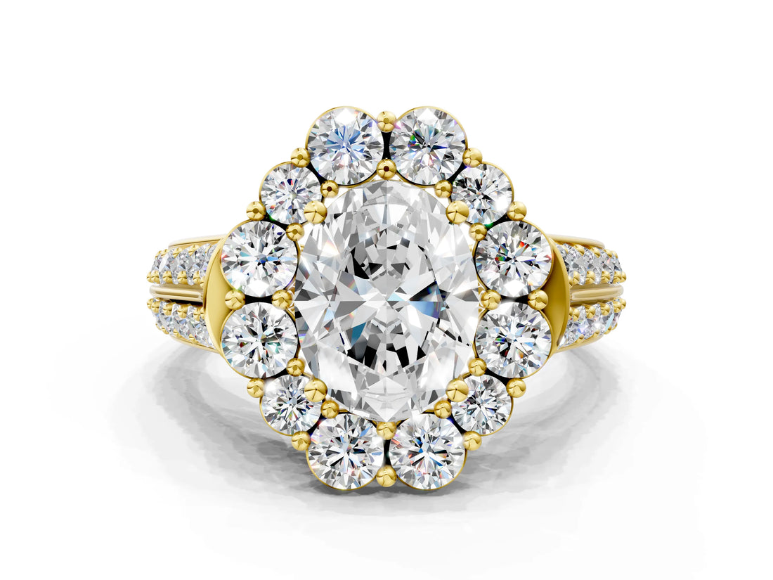 Yellow gold Oval Halo Diamond Engagement Ring with Split Shank and Prong Setting_66