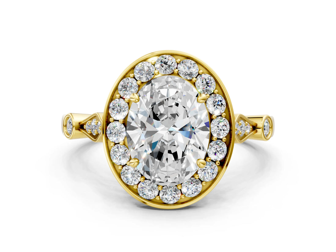 Yellow gold Oval Halo Diamond Engagement Ring with Twisted Band and Four-Prong Setting