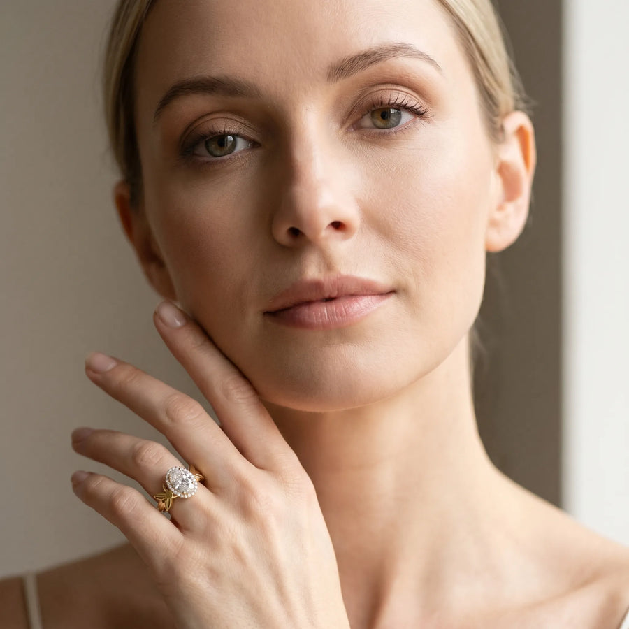 Yellow gold Oval Halo Diamond Floral Band with Four-Prong Setting