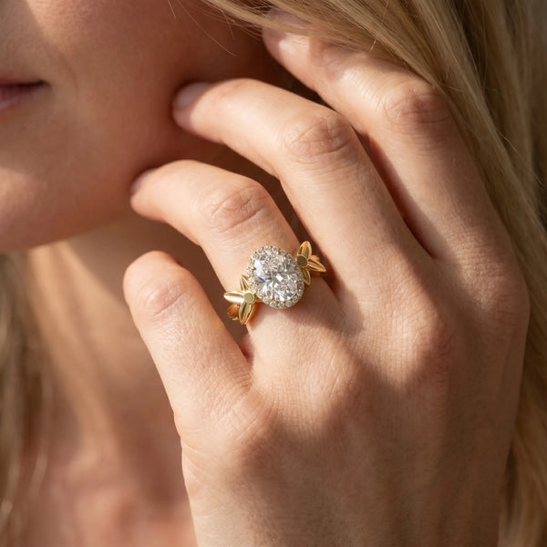 Yellow gold Oval Halo Diamond Floral Band with Four-Prong Setting