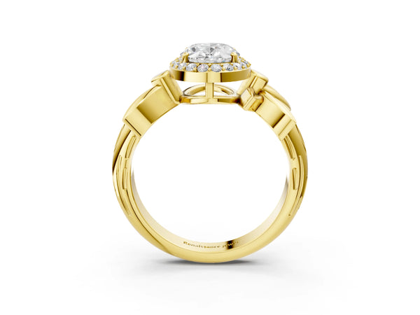 Yellow gold Oval Halo Diamond Floral Band with Four-Prong Setting