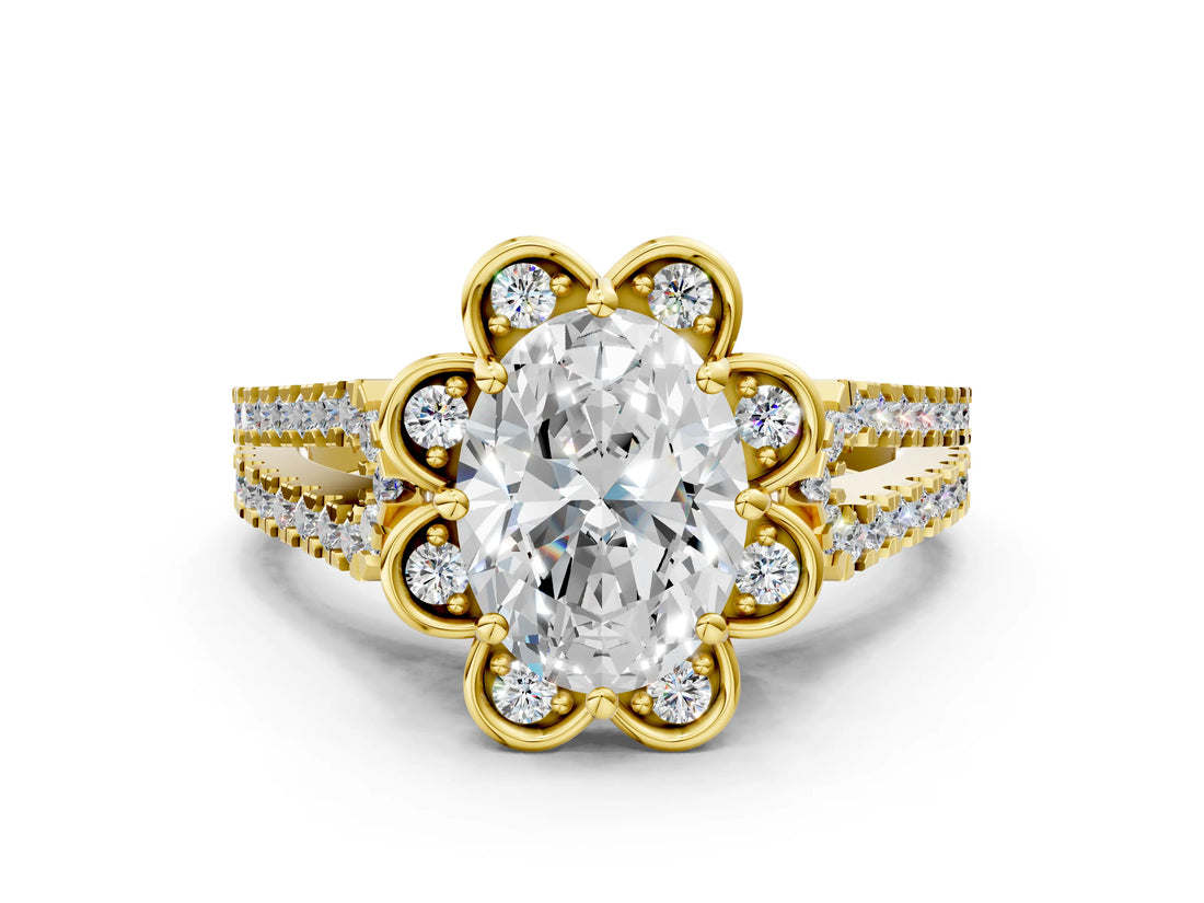 Yellow gold Oval Halo Diamond Floral Split Shank Engagement Ring