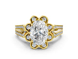 Yellow gold Oval Halo Diamond Floral Split Shank Engagement Ring