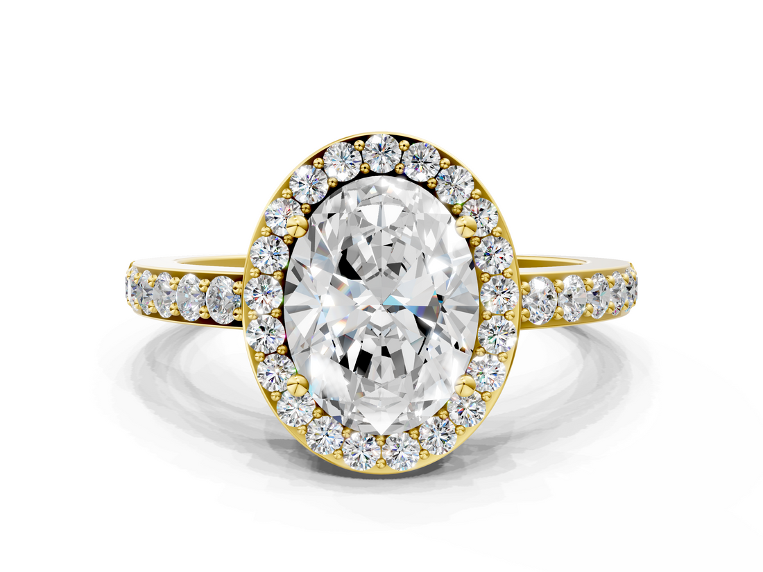 Yellow gold Oval Halo Diamond Pavé Band Ring with Prong Setting_20