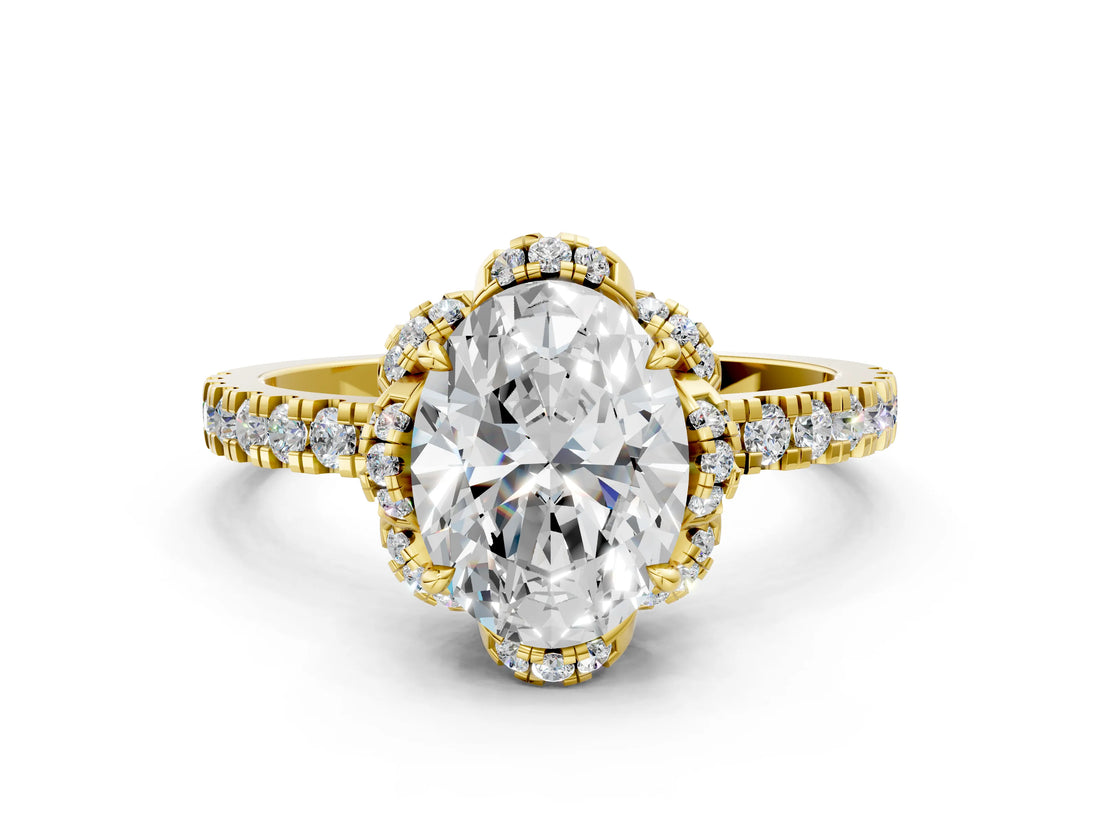 Yellow gold Oval Halo Diamond Pave Band Ring with Four-Prong Setting_19