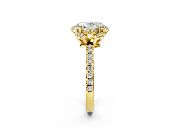 Yellow gold Oval Halo Diamond Pave Band Ring with Four-Prong Setting