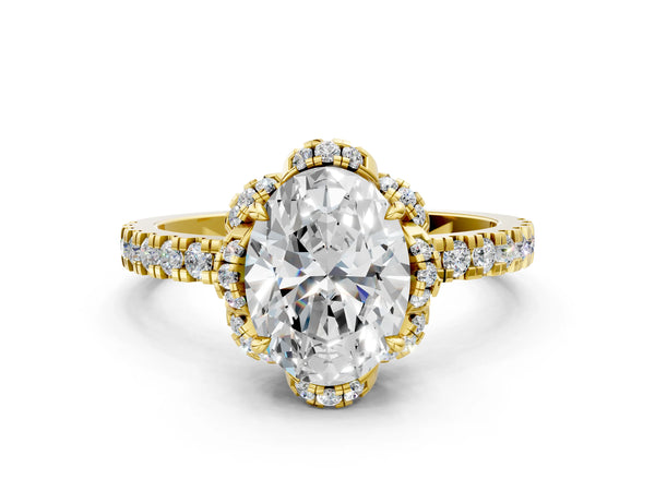 Yellow gold Oval Halo Diamond Pave Band Ring with Four-Prong Setting
