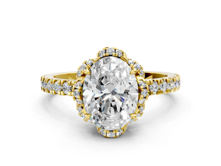 Yellow gold Oval Halo Diamond Pave Band Ring with Four-Prong Setting