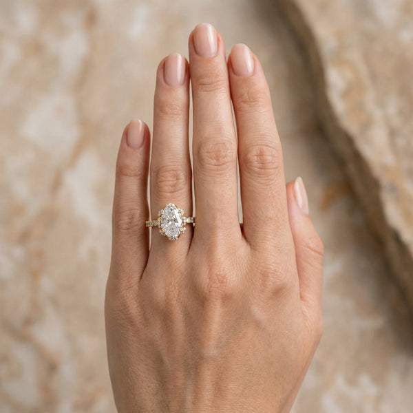 Yellow gold Oval Halo Diamond Pave Band Ring with Four-Prong Setting