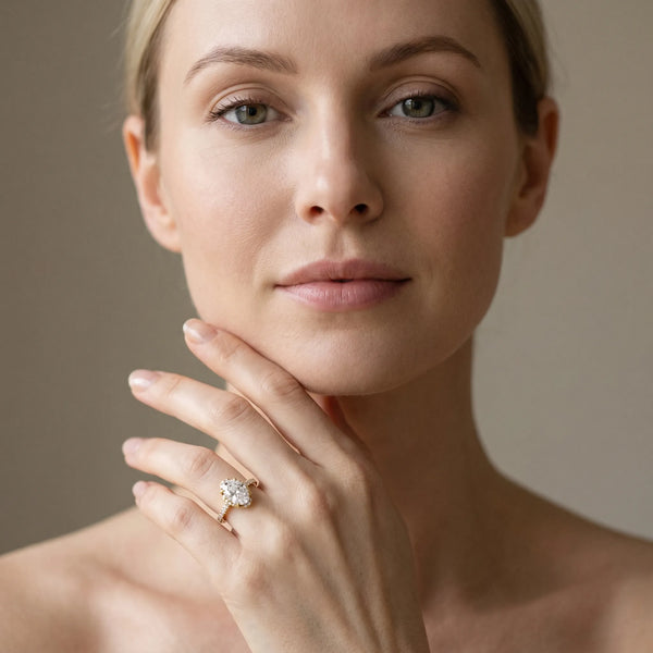 Yellow gold Oval Halo Diamond Pave Band Ring with Four-Prong Setting