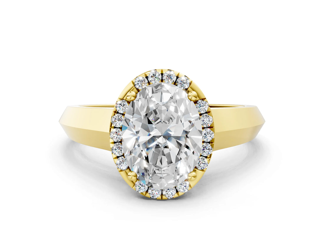 Yellow gold Oval Halo Diamond Ring with Cathedral Band and Four-Prong Setting_62