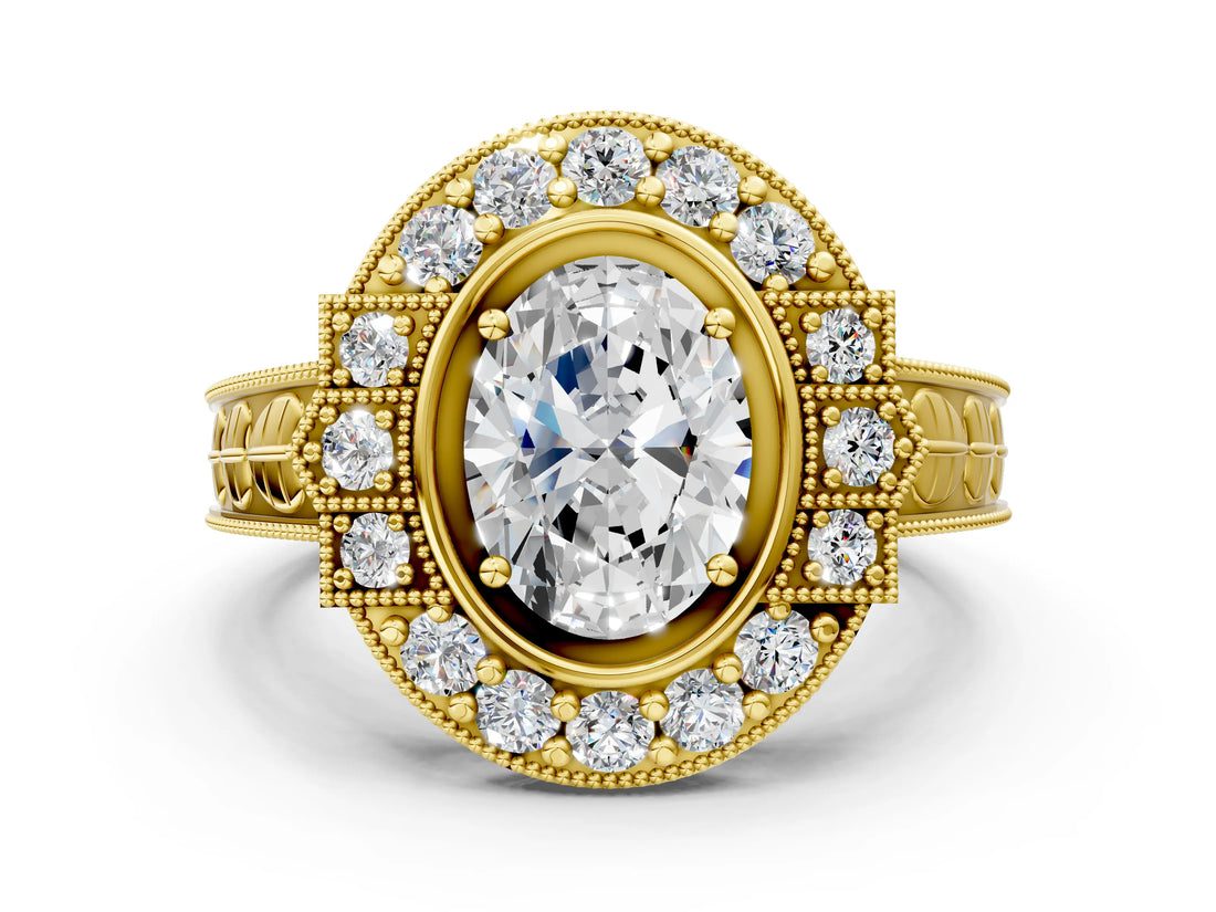 Yellow gold Oval Halo Diamond Ring with Milgrain Bezel and Prong Setting_6