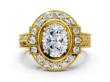Yellow gold Oval Halo Diamond Ring with Milgrain Bezel and Prong Setting_6