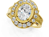 Yellow gold Oval Halo Diamond Ring with Milgrain Bezel and Prong Setting_7
