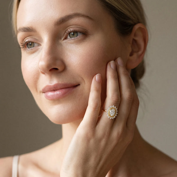 Yellow gold Oval Halo Diamond Ring with Milgrain Edge and Round Prong Setting