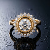 Yellow gold Oval Halo Diamond Ring with Milgrain Edge and Round Prong Setting_15