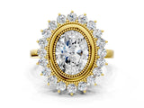Yellow gold Oval Halo Diamond Ring with Milgrain Edge and Round Prong Setting_45