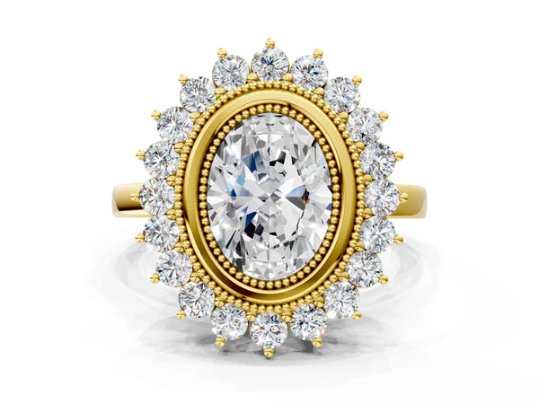 Yellow gold Oval Halo Diamond Ring with Milgrain Edge and Round Prong Setting