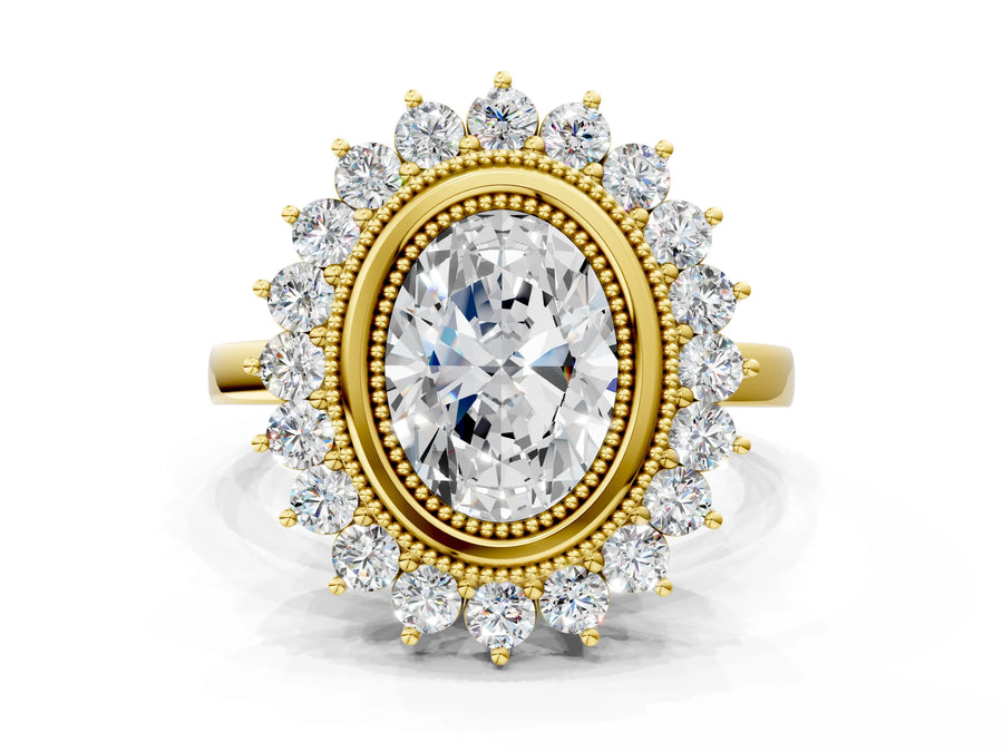 Yellow gold Oval Halo Diamond Ring with Milgrain Edge and Round Prong Setting
