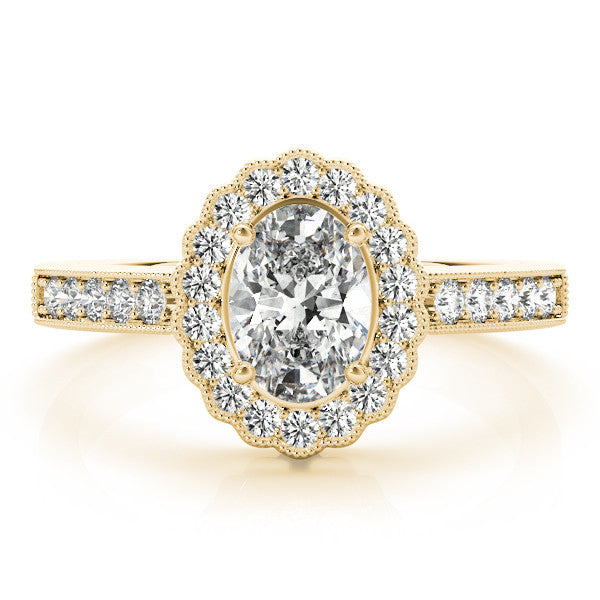 Yellow gold Oval Halo Diamond Ring with Pavé Band and Four-Prong Setting 1